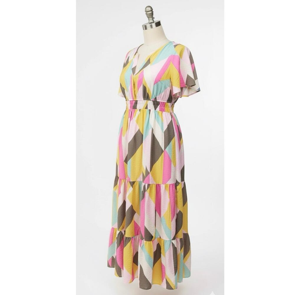 NWT Torrid 0 L 12 Giant Geo Tiered Maxi Dress Plus Pink Yellow Pockets - Picture 7 of 16
